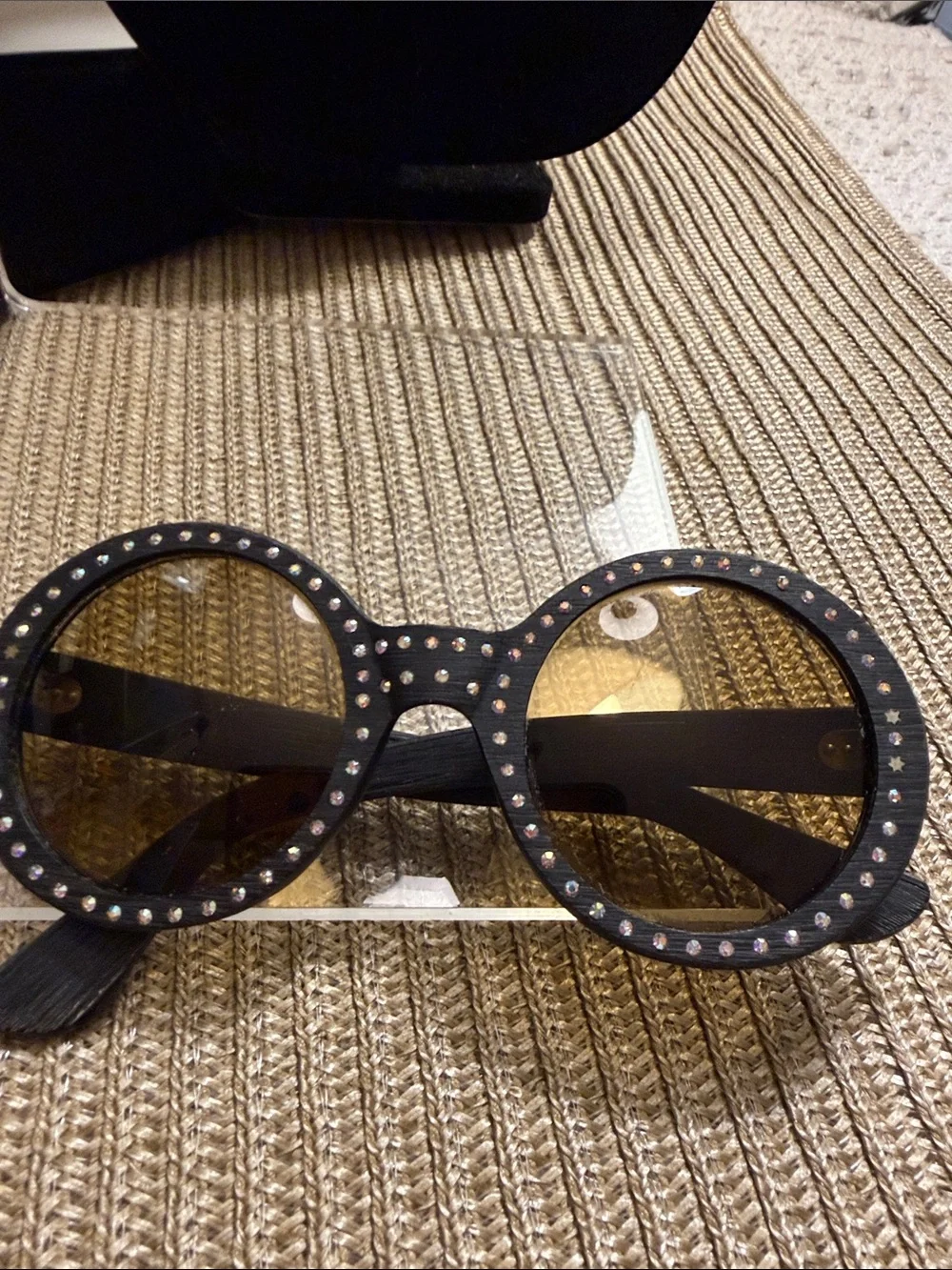 Round Black Sunglasses with Amber Lenses and Crystal Accents